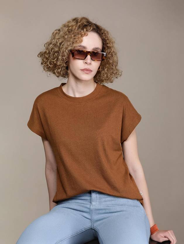 Roadster Self Design Women Round Neck Brown T-Shirt