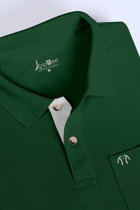 Triptee Men Solid Polo Neck Pure Cotton Dark Green T-Shirt