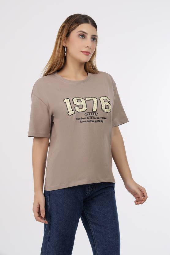 WINEBERRY Women Typography Round Neck Pure Cotton Beige T-Shirt