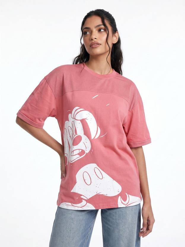 Glitchez Women Printed Round Neck Pure Cotton Pink T-Shirt