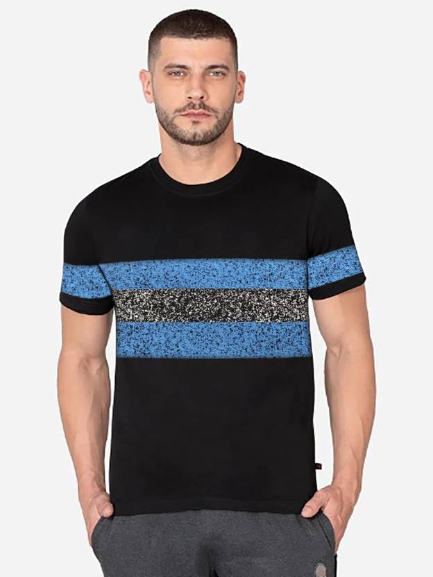 9LKHA Striped Men Round Neck Black T-Shirt