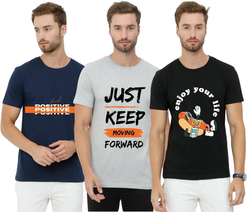 ECOLINE Clothing Pack of 3 Men Printed Round Neck Cotton Blend Multicolor T-Shirt