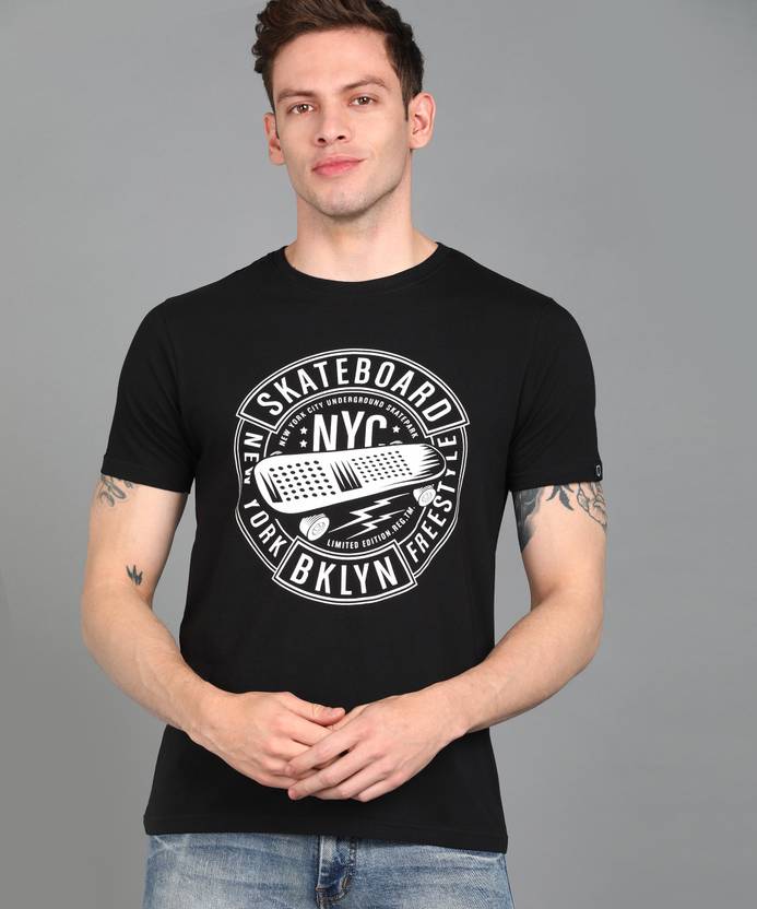 Urbano Fashion Men Graphic Print Round Neck Pure Cotton Black T-Shirt