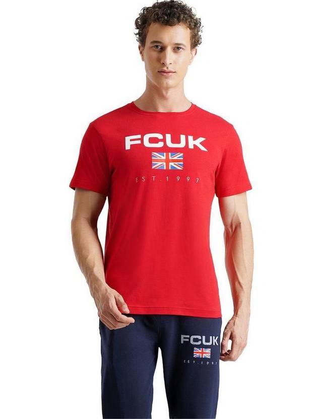 FCUK Men Printed Round Neck Pure Cotton Red T-Shirt