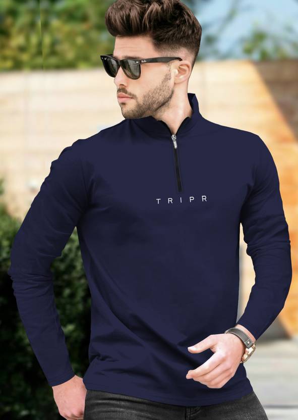 TRIPR Men Solid Henley Neck Cotton Blend Navy Blue T-Shirt