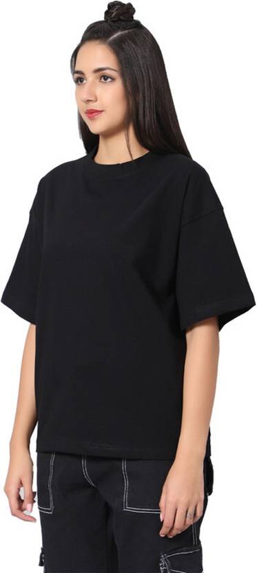 Besick Women Solid Round Neck Pure Cotton Black T-Shirt