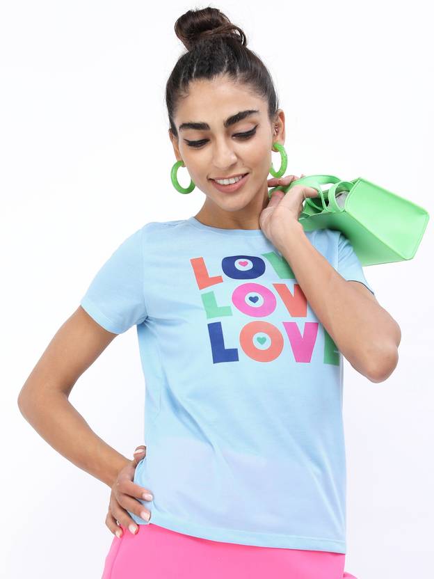 Tokyo Talkies Women Typography Round Neck Cotton Blend Blue T-Shirt
