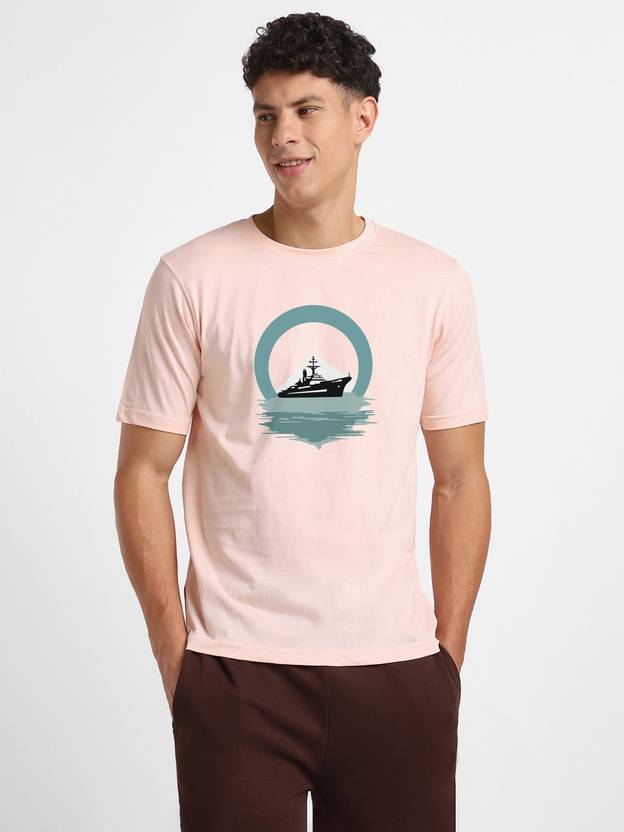 NOBERO Graphic Print Men Crew Neck Pink T-Shirt