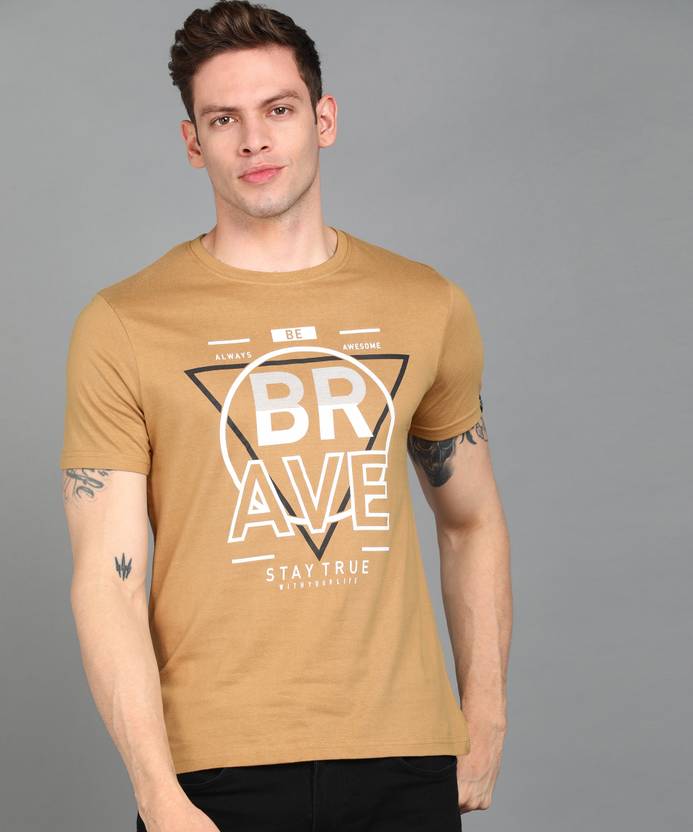 Urbano Fashion Men Graphic Print Round Neck Pure Cotton Brown T-Shirt