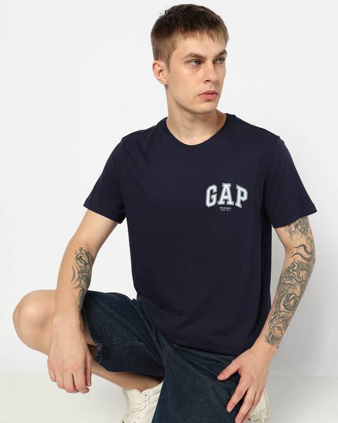 GAP Men Printed Crew Neck Pure Cotton Navy Blue T-Shirt