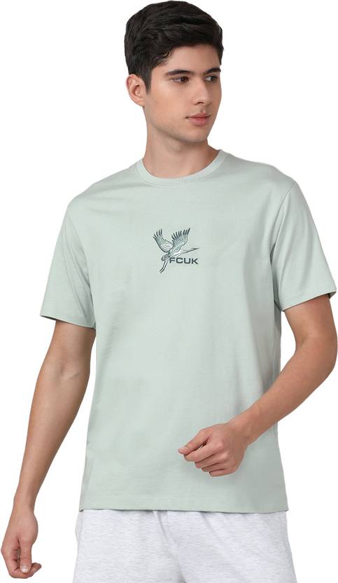 FCUK Men Printed Crew Neck Pure Cotton Grey T-Shirt