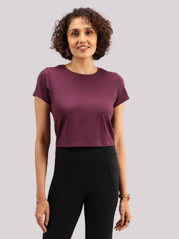 BlissClub Women Solid Round Neck Cotton Blend Purple T-Shirt