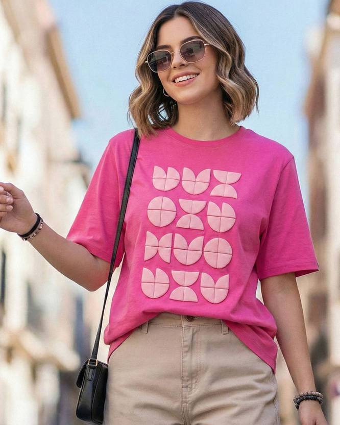 HeyStree Women Printed Round Neck Pure Cotton Pink T-Shirt