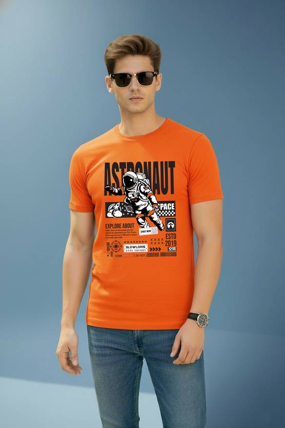SLOWLORIS Men Graphic Print Round Neck Cotton Blend Orange T-Shirt