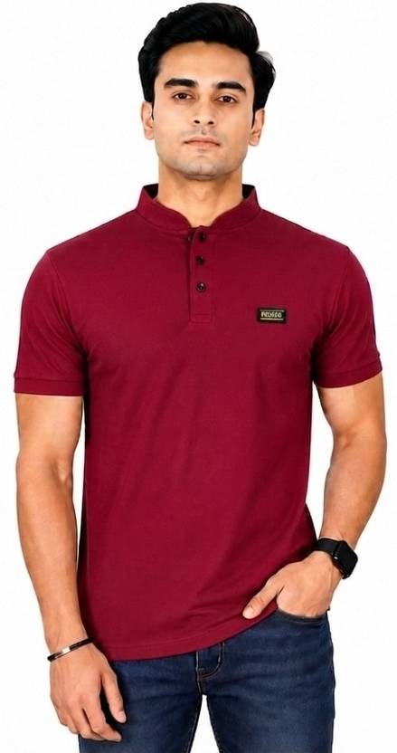 ATXP Men Solid Mandarin Collar Cotton Blend Maroon T-Shirt