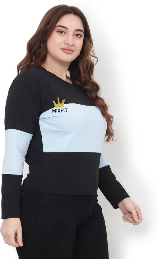 MIXFIT Solid Women Cowl Neck Black, Light Blue T-Shirt
