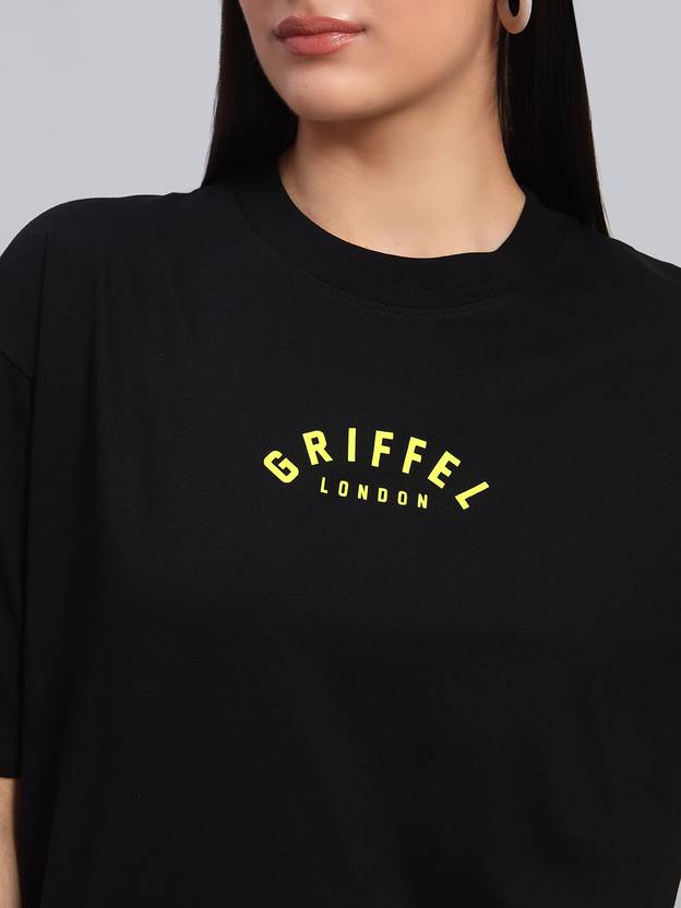 GRIFFEL Women Graphic Print Round Neck Pure Cotton Black T-Shirt