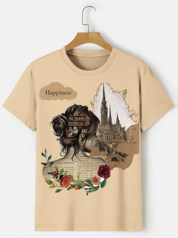 YKAuraPrints Women Graphic Print Round Neck Polyester Beige T-Shirt