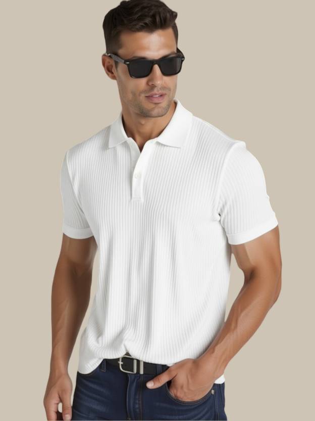 Fashion And Youth Men Solid Polo Neck Cotton Blend White T-Shirt