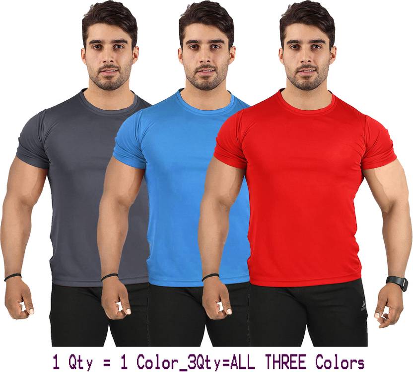 UDI n ADI Men Solid Round Neck Polyester Grey, Light Blue, Red T-Shirt