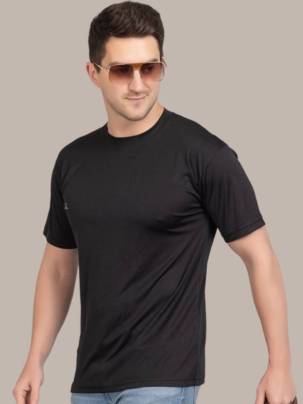 Zeffit Men Solid Round Neck Polyester Black T-Shirt