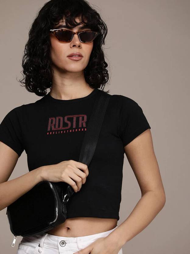 Roadster Women Printed Round Neck Cotton Blend Black T-Shirt