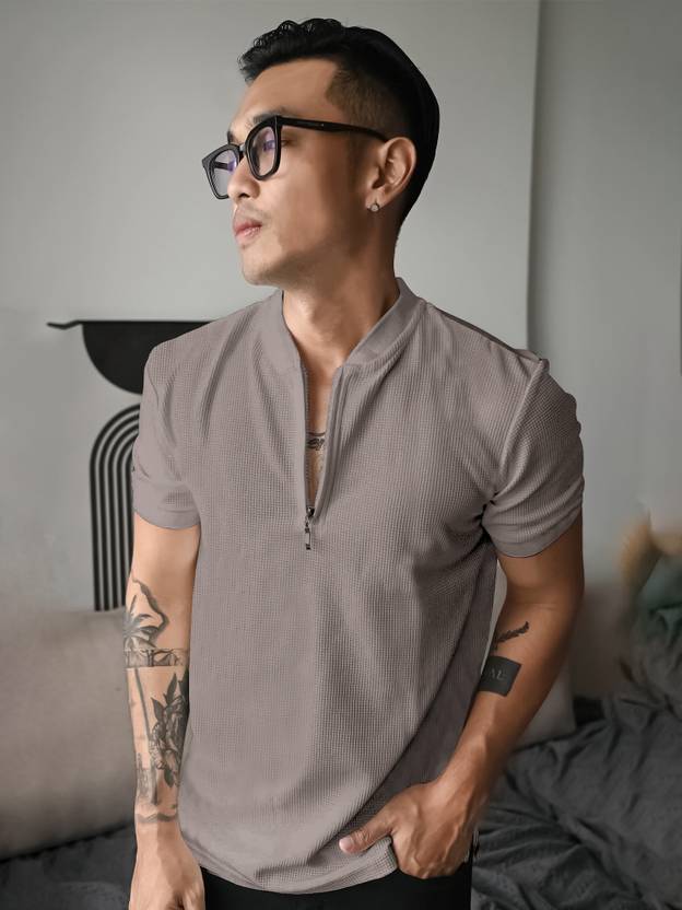 Jump Cuts Men Solid Henley Neck Polyester Brown T-Shirt