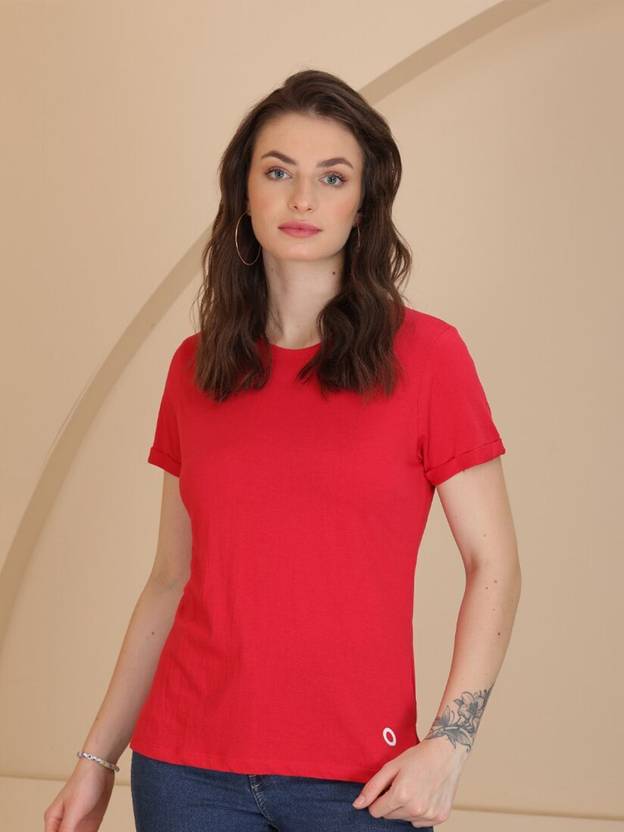 TITTLI Solid Women Round Neck Red T-Shirt
