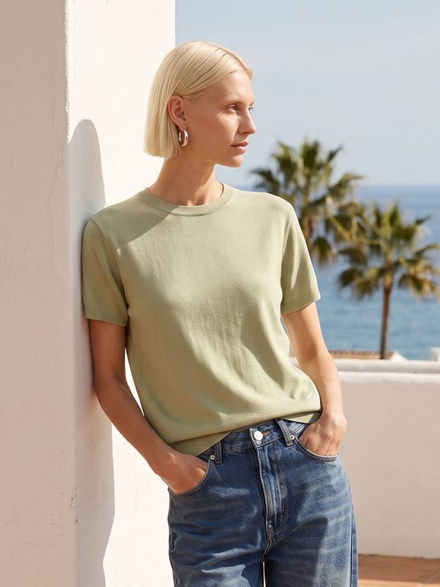 NAUTICA Women Solid Round Neck Pure Cotton Green T-Shirt