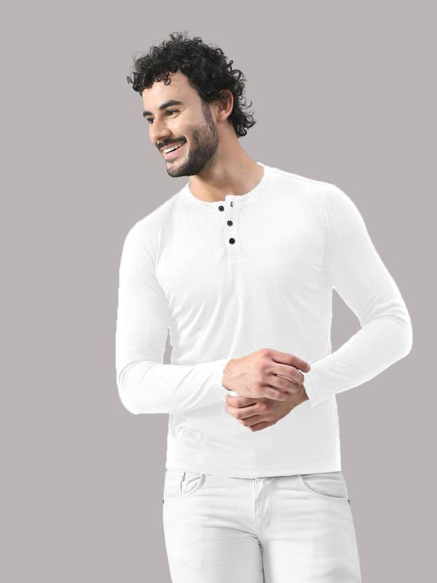 Blisstone Men Solid Henley Neck Cotton Blend White T-Shirt