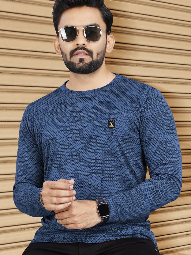 VeBNoR Men Printed Round Neck Polyester Blue T-Shirt