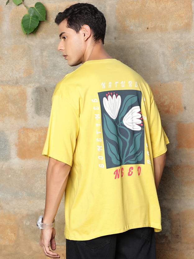 THOMAS SCOTT Men Printed Round Neck Pure Cotton Yellow T-Shirt