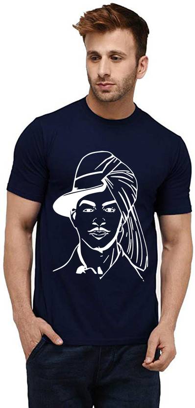 Aseria Men Printed Round Neck Cotton Blend Blue T-Shirt