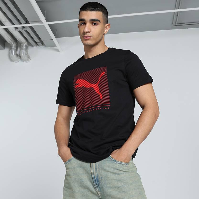 PUMA Men Printed Crew Neck Cotton Blend Black T-Shirt