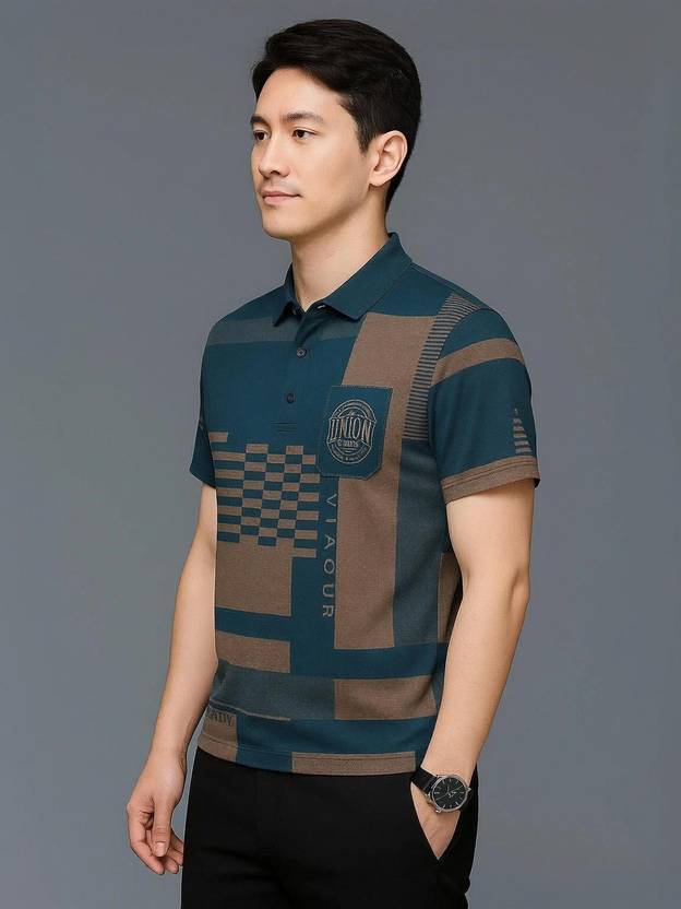TIGERSNAKE Men Solid Polo Neck Polycotton Blue T-Shirt