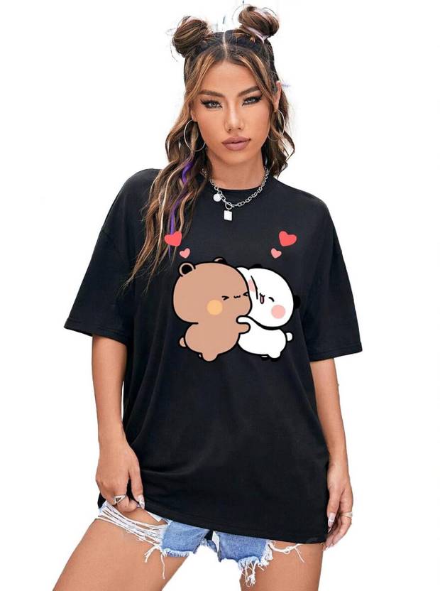 BELTLY Women Graphic Print, Printed Polo Neck Pure Cotton Black T-Shirt
