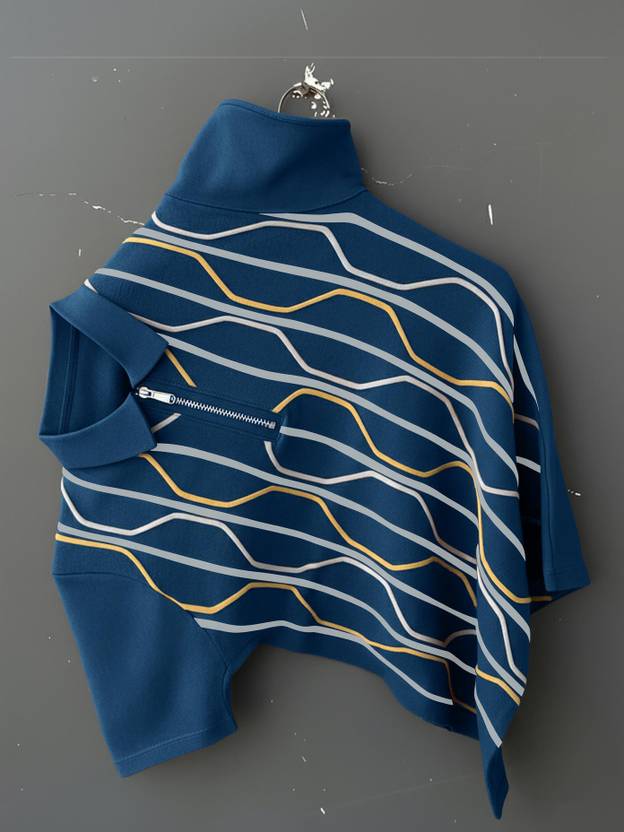 GLOBAL NOMAD Men Printed Zip Neck Cotton Blend Dark Blue, White T-Shirt