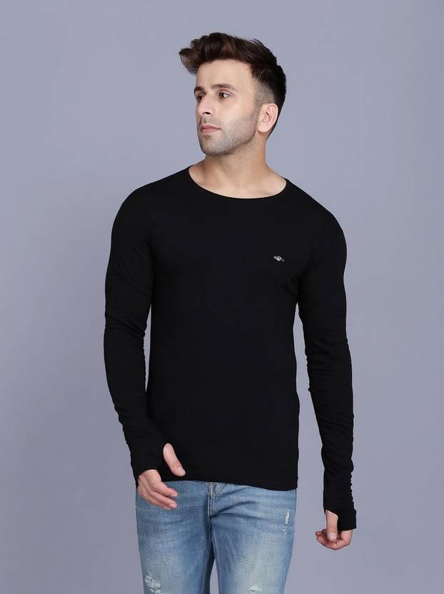Menkovy Men Solid Round Neck Cotton Blend Black T-Shirt