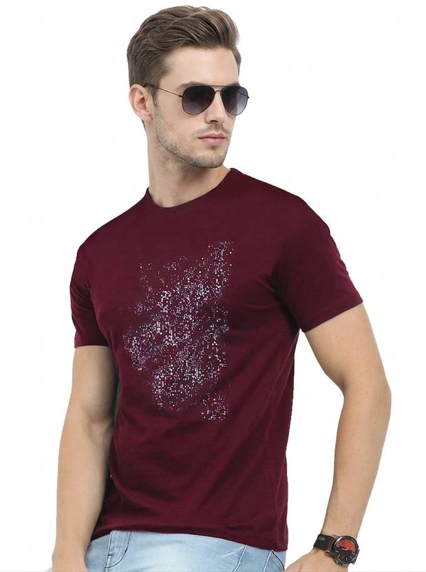 Reya Men Graphic Print Round Neck Cotton Blend Maroon T-Shirt