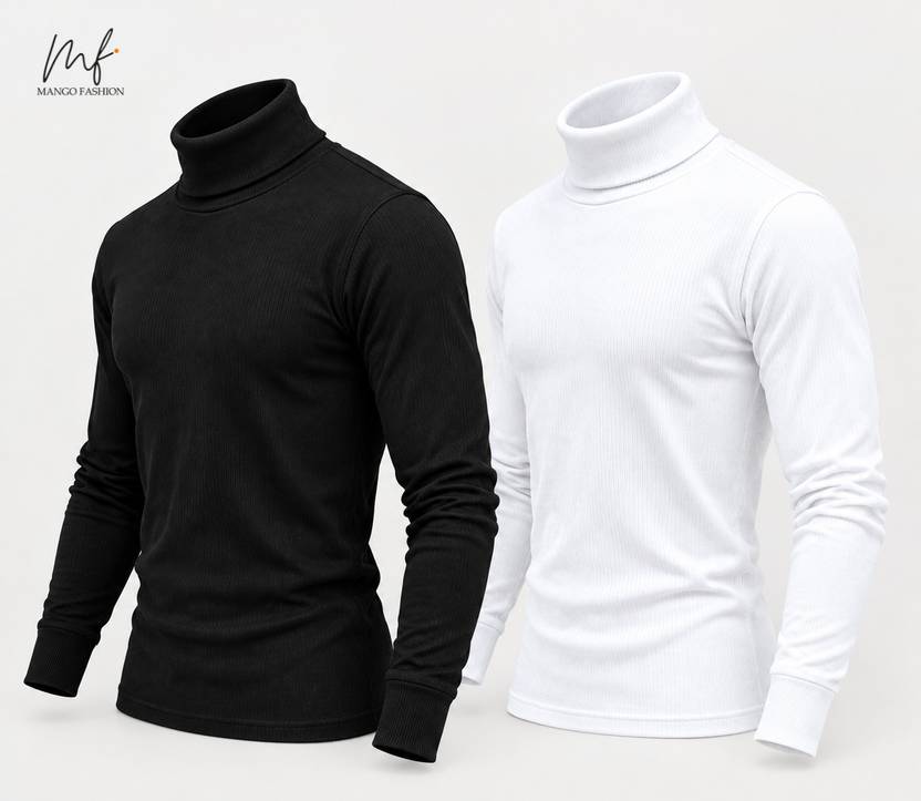 Mango Fashion Pack of 2 Men Solid High Neck Cotton Blend Black, White T-Shirt