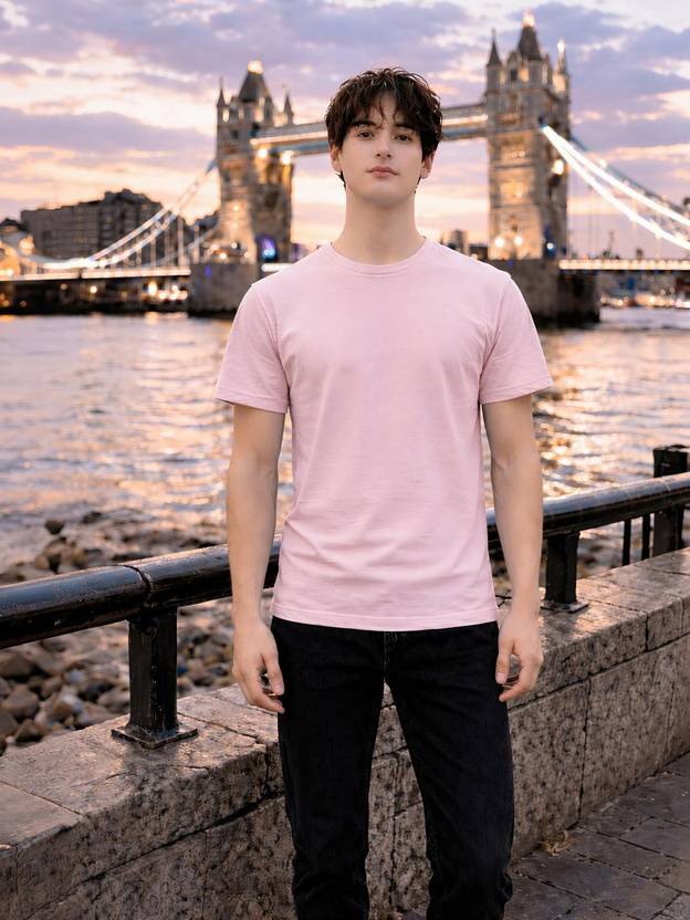 LONDON COLORS Men Solid Round Neck Pure Cotton Pink T-Shirt