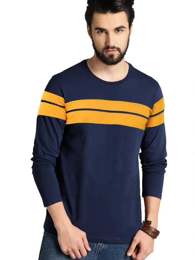 Leotude Men Striped Round Neck Cotton Blend Navy Blue T-Shirt