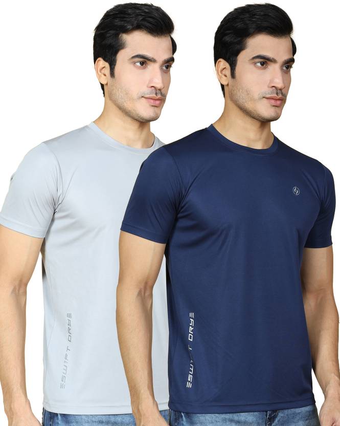 SUPERSQUAD Pack of 2 Men Solid, Sporty Round Neck Polyester Grey, Navy Blue T-Shirt