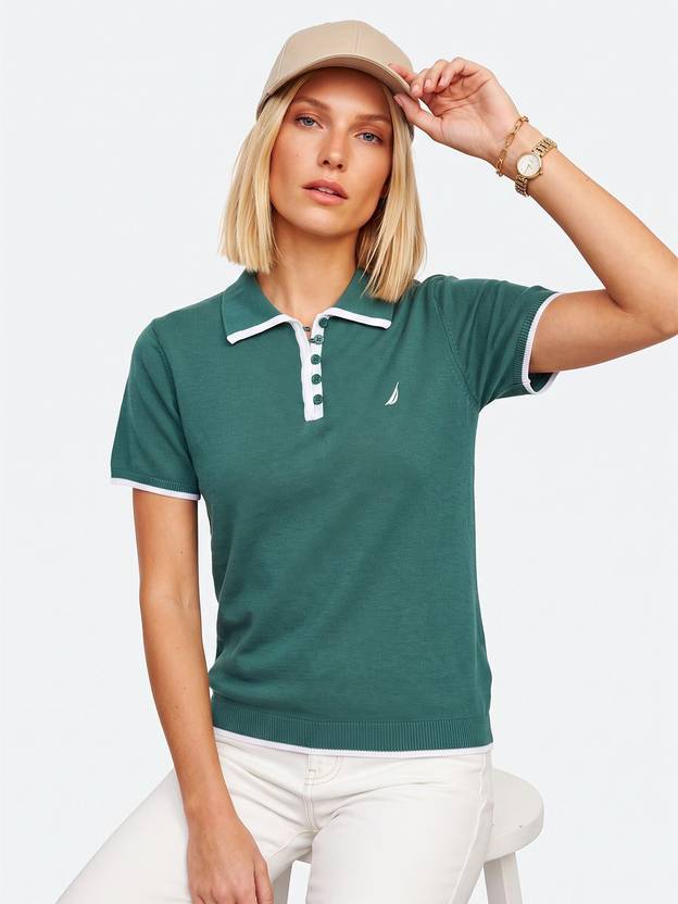 NAUTICA Women Solid Polo Neck Pure Cotton Green T-Shirt
