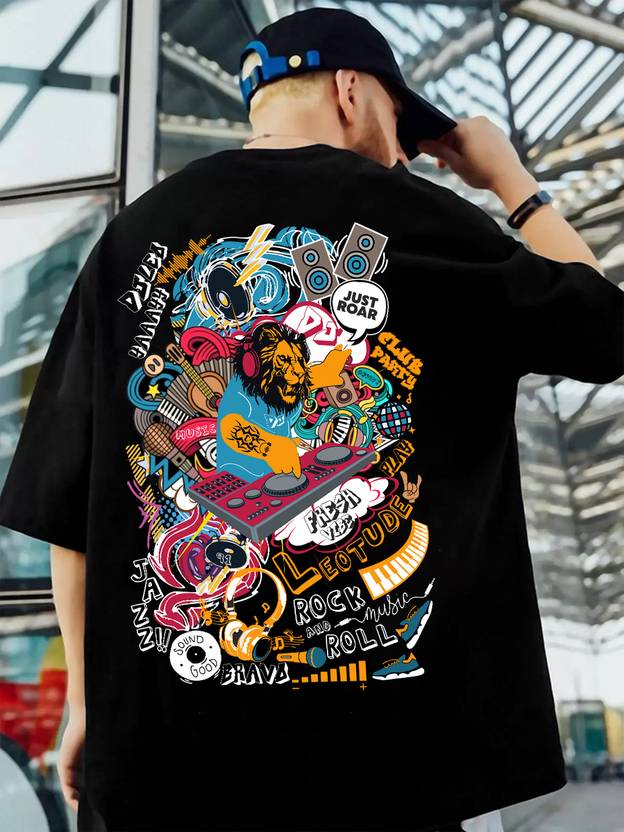 Leotude Men Printed Round Neck Cotton Blend Black T-Shirt
