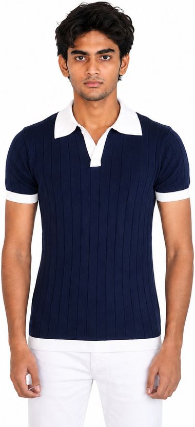 Doppey Men Navy Blue Polo Neck Pure Cotton - Image 2
