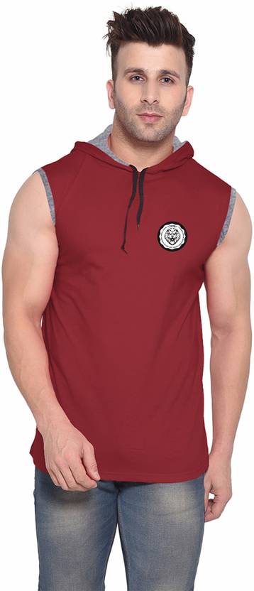 Blisstone Men Printed Hooded Neck Cotton Blend Maroon T-Shirt