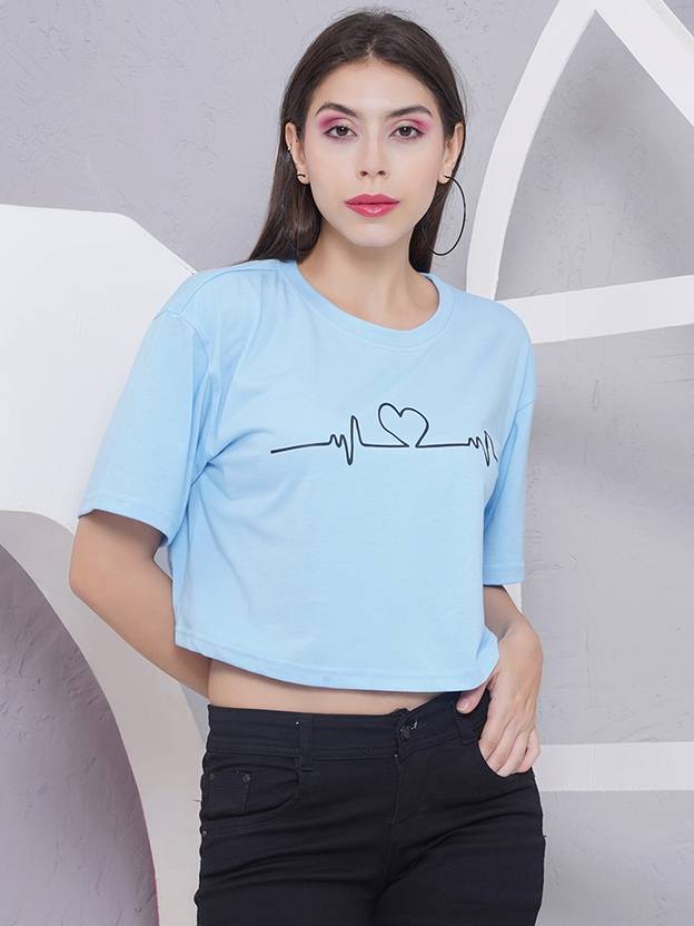 Puella Printed Women Round Neck Light Blue T-Shirt