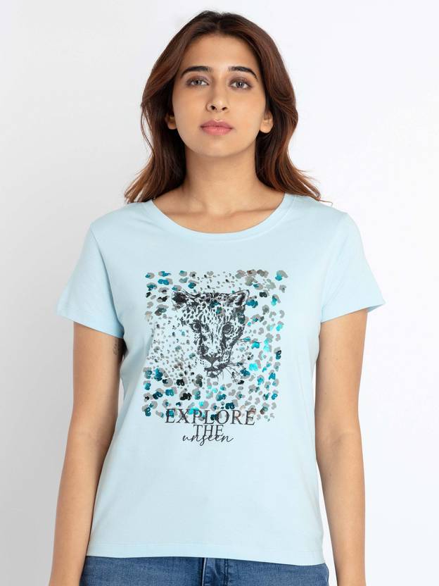 Status Quo Women Printed, Typography Round Neck Pure Cotton Blue T-Shirt