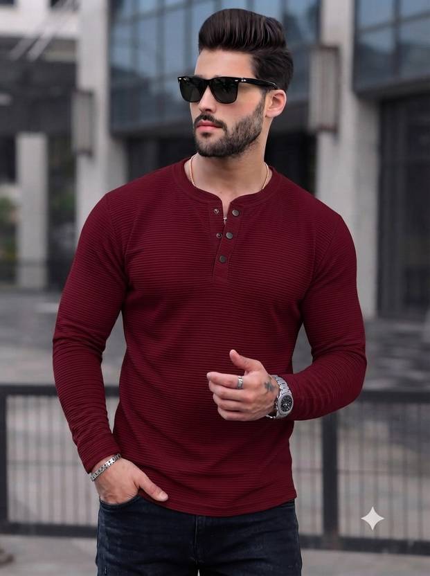Rufica Men Self Design Henley Neck Cotton Blend Maroon T-Shirt